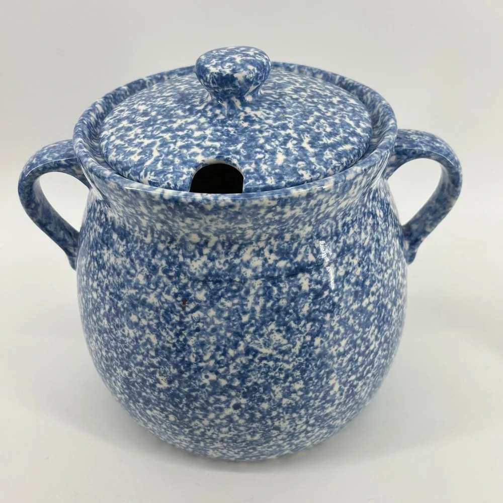 N.S. Gustin Ceramic Goose Jar Ladle Blue Spongeware Stipple Duck Cottagecore